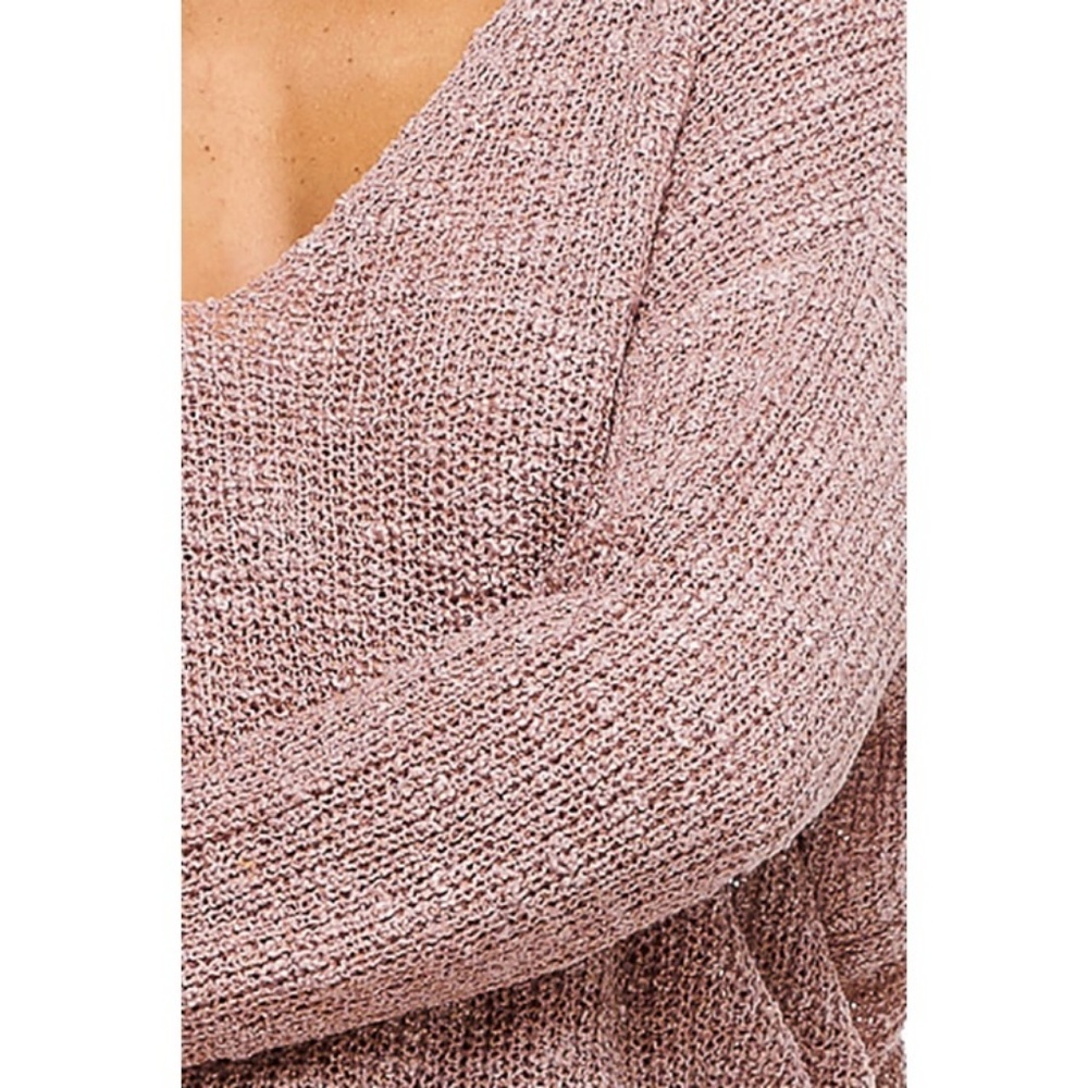 Mauve Knit Long Sleeve V Neck Knotted Sweater - Picture 3 of 3